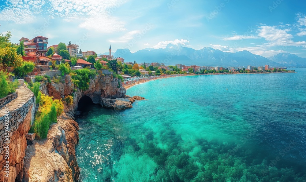 Naklejka premium Stunning coastal view of Antalya with turquoise waters and scenic mountains