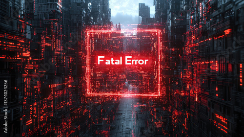 Glowing red Fatal Error message looms ominously as digital realm crumbles into chaotic glitches
