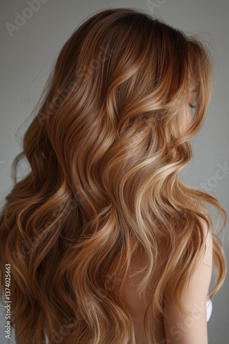 Close-up side view of long, voluminous golden copper hair with soft waves, styled for a natural yet glamorous look.
