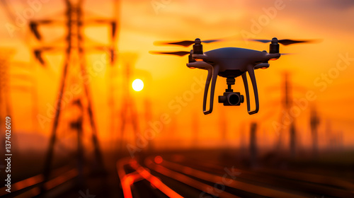 Technology drone hovering over electrical infrastructure
