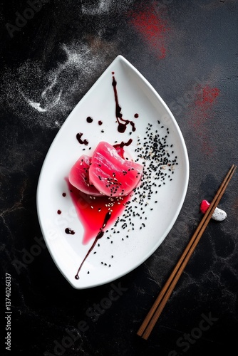 Tuna slices with soy sauce and sesame seeds on a polished dark surface with chopsticks