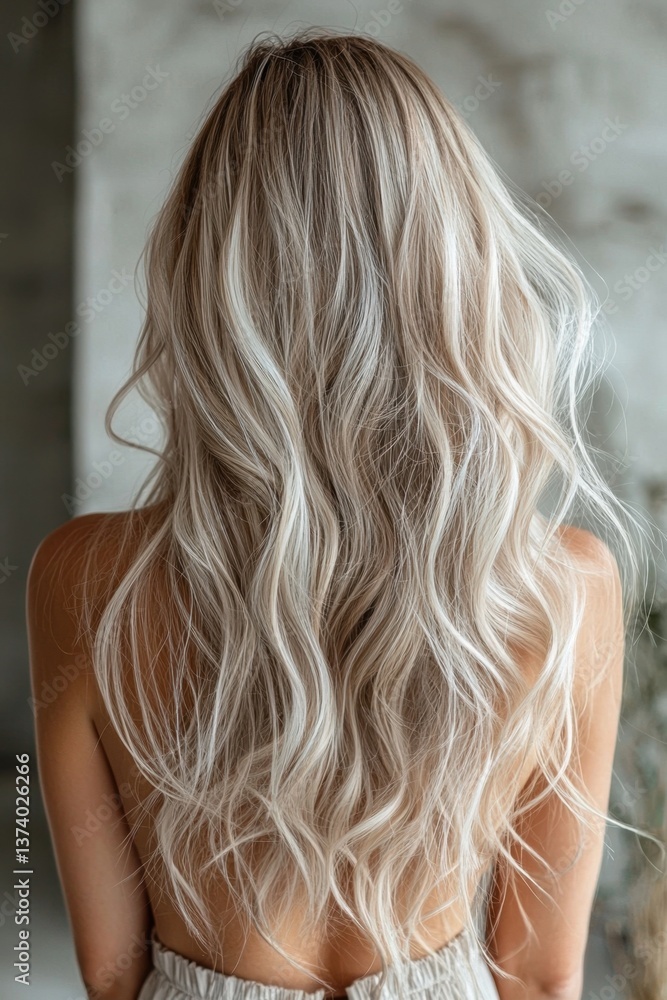 Naklejka premium Natural-looking long wavy blonde hairstyle photographed from behind, featuring icy platinum tones and soft flowing layers for volume.