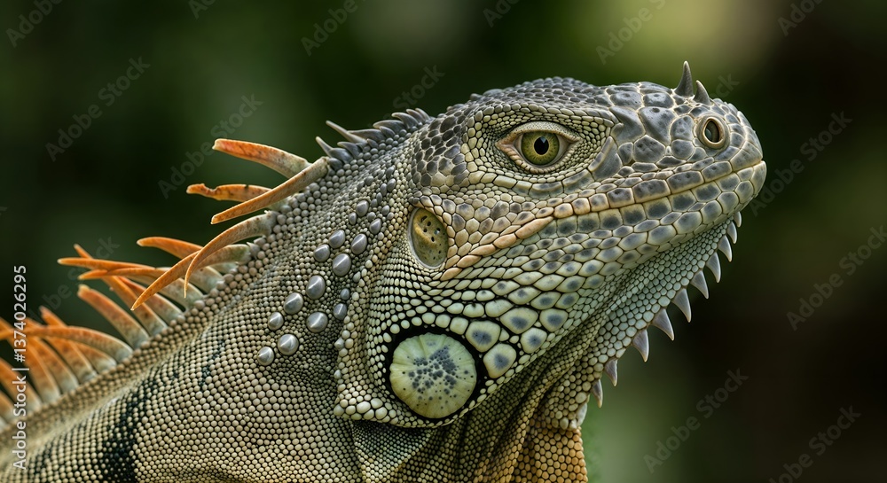 Obraz premium Macro photography of a lizard with detailed scales and focus on the eyes, natural habitat, soft lighting