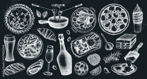 European food hand drawn vector illustration. Traditional Europe dishes on chalkboard. Perfect restaurant menu, packaging, or prints. NOT AI generated