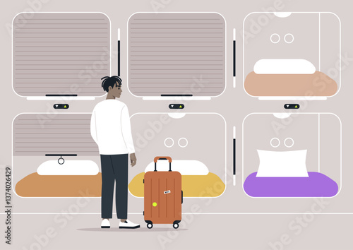 A traveler stands thoughtfully in front of capsule hotel pods, engaging with the modern design while managing their suitcase, The atmosphere is inviting and contemporary