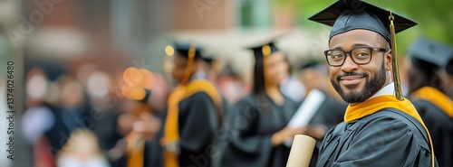 Graduation Ceremony Celebration With Smiling Student Holding Diploma Outdoors...