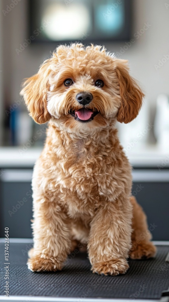 Cheerful puppy with curly hair sitting on black bedding, looking at camera. Suitable for blogs about pets, advertising of pet stores. Cheerful puppy with curly hair sitting on black bedding, looking at camera. Suitable for blogs about pets, advertising of pet stores.