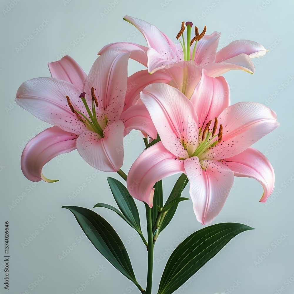Obraz premium Beautiful Pink Lilies Arranged Gracefully on a Soft Background in a Bright Indoor Setting