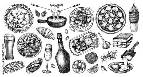 European food hand drawn vector illustration. Traditional Europe dishes on chalkboard. Perfect restaurant menu, packaging, or prints. NOT AI generated