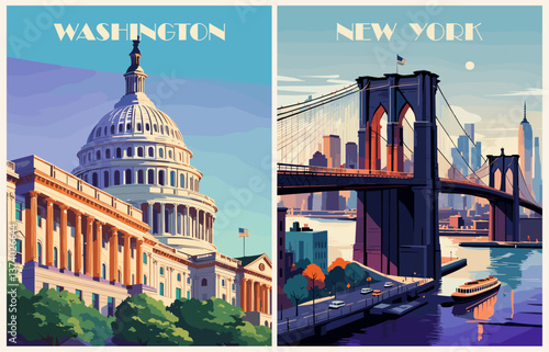 Set of USA Travel Destination Posters in retro style. New York, Washington cityscape prints. Exotic summer vacation, holidays concept. Vintage vector colorful illustrations.