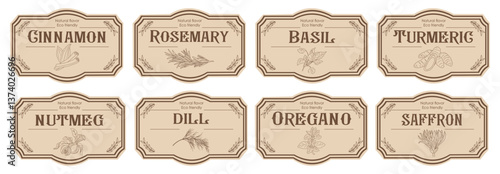 Set of spice jar labels with herbs sketches, basil, oregano, dill, rosemary, cinnamon, nutmeg. Packaging and labeling template. Organic, natural flavor kitchen stickers. Vintage vector illustrations