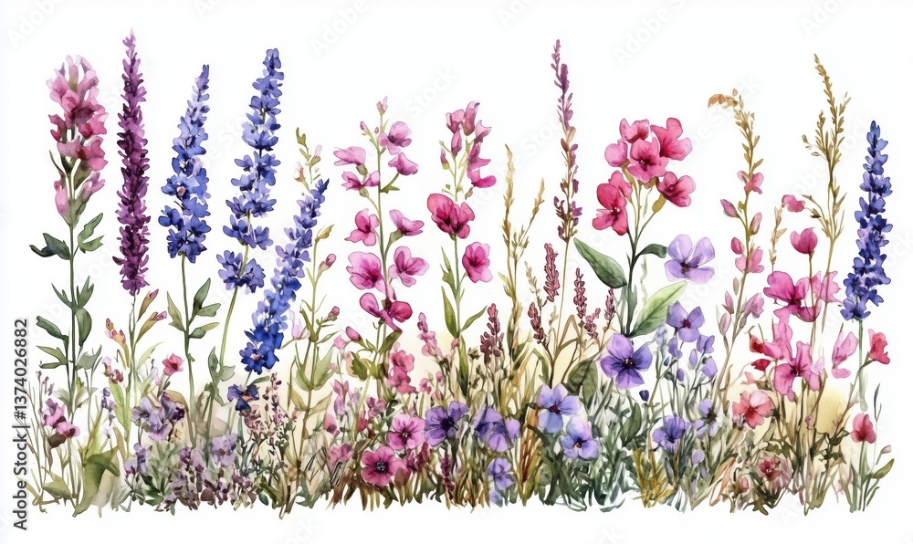 Naklejka premium Colorful watercolor wildflower illustration featuring various floral species