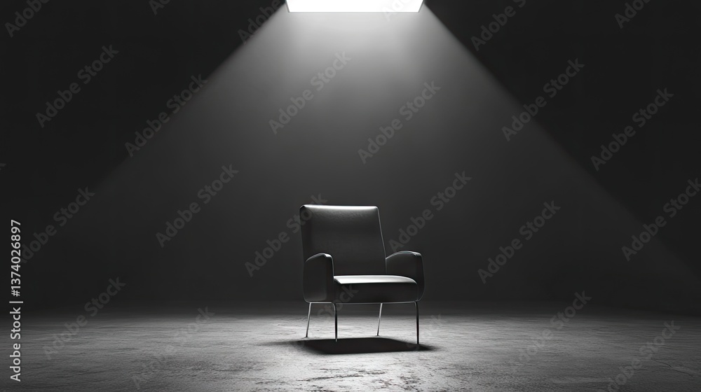 A modern chair centered in an empty room with a spotlight creating contrast