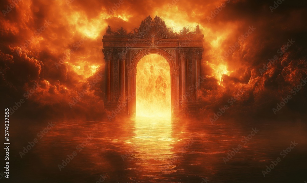 Fototapeta premium Mysterious fiery portal emerging from turbulent waters under dramatic clouds