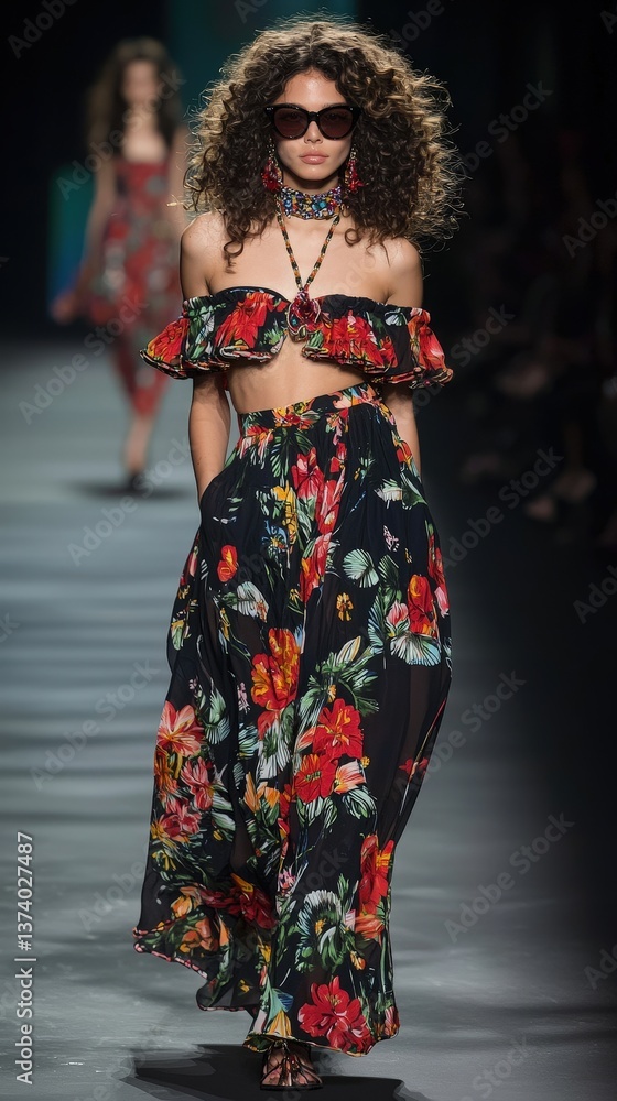 Obraz premium Dramatic runway moment: a model strides confidently in a striking black & red floral dress, sunglasses adding an edgy flair