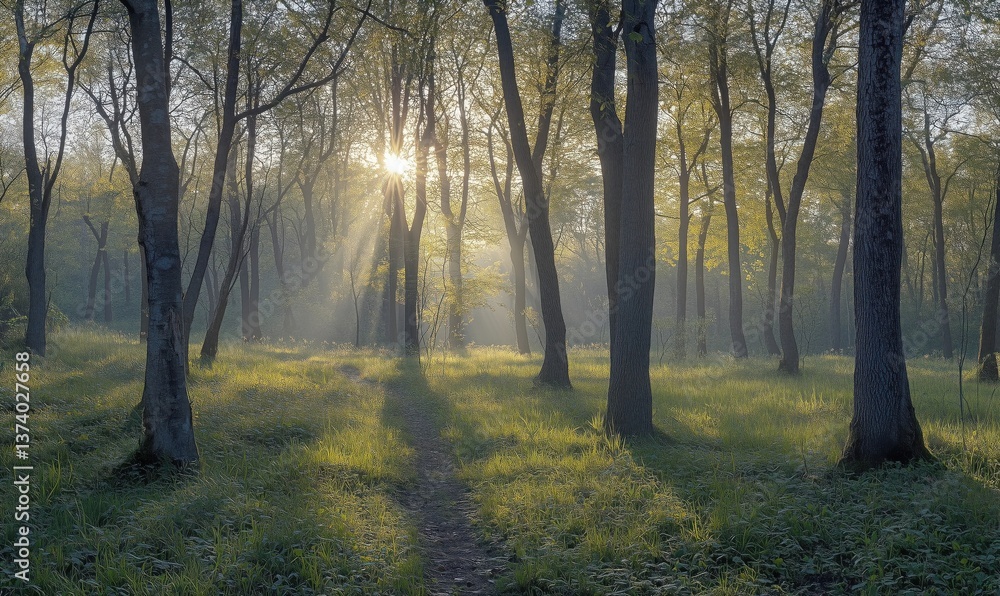 Fototapeta premium Sunlight Streaming Through Trees in Serene Forest Landscape