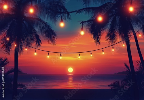 Vibrant Sunset Over Calm Waters With Palm Trees and String Lights Illuminatin...