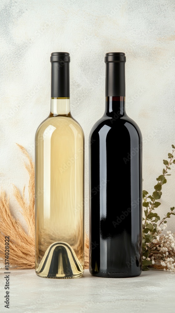 Naklejka premium Two bottles of wine, one red and one yellow, sit on a white marble table, softly illuminated to highlight their quality and detail.