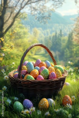 Colorful Easter Eggs in a Woven Basket on a Sunny Spring Day With Blooming Fl...