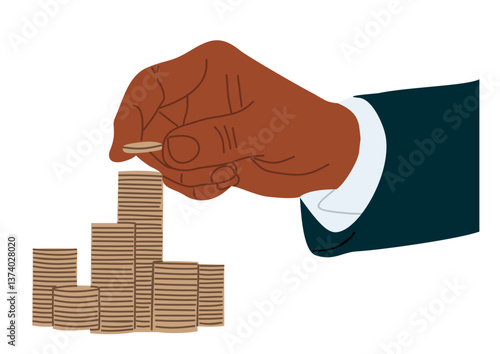 A hand is holding a coin and is about to drop it into a pile of coins. Finance and investments business concept. Vector flat colorful illustration isolated 