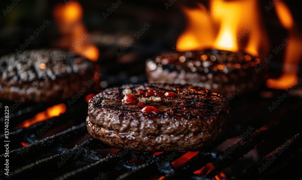 Grilling Juicy Beef Burgers Over Flames with Ketchup Drizzle Grilling Juicy Beef Burgers Over Flames with Ketchup Drizzle