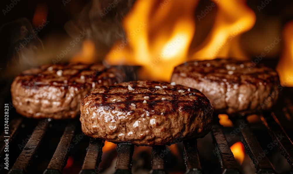 Grilled beef burgers sizzling on barbecue with flames and smoke Grilled beef burgers sizzling on barbecue with flames and smoke