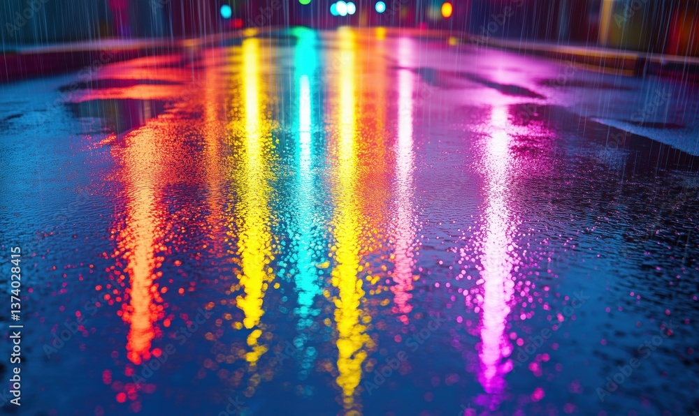 Vibrant reflections on wet pavement during rain showcasing colorful city lights Vibrant reflections on wet pavement during rain showcasing colorful city lights