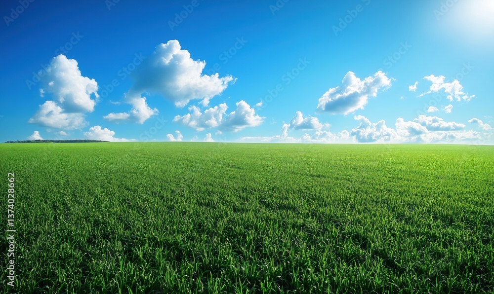 Vast Green Field Under Bright Blue Sky with Fluffy Clouds Vast Green Field Under Bright Blue Sky with Fluffy Clouds