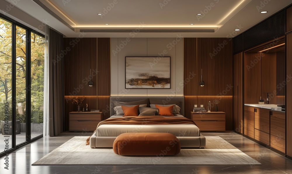 Fototapeta premium Modern luxury bedroom design with warm tones and natural light