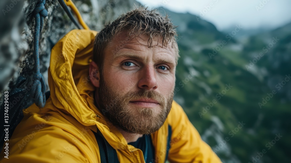A rugged climber with a determined expression rests on a cliff edge, immersed in breathtaking mountain scenery, illustrating strength and the allure of nature's majestic landscapes. A rugged climber with a determined expression rests on a cliff edge, immersed in breathtaking mountain scenery, illustrating strength and the allure of nature's majestic landscapes.