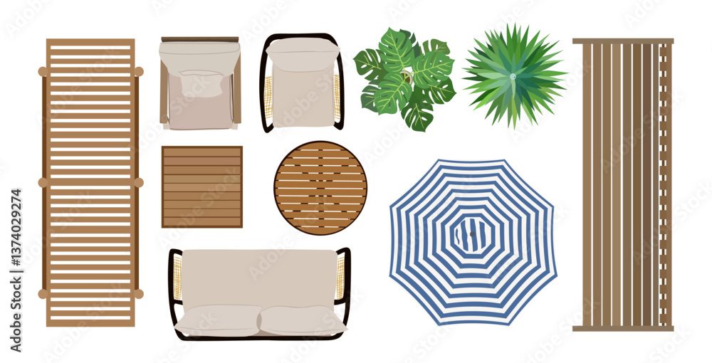 Fototapeta premium Top view of furniture icons for interior and landscape design plan. Sunbed, armchairs, table, plant for garden, terrace, patio, porch zone. Vector realistic illustration isolated