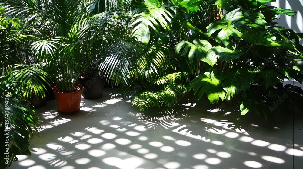 Fototapeta premium Sunlight streaming through a greenhouse, casting light patterns on the floor