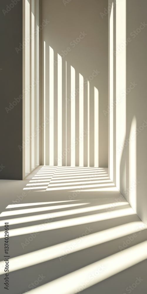 Obraz premium Shadow Play in Architecture: An architectural perspective that highlights the geometric interplay of shadows and light within a modern, minimalist interior.