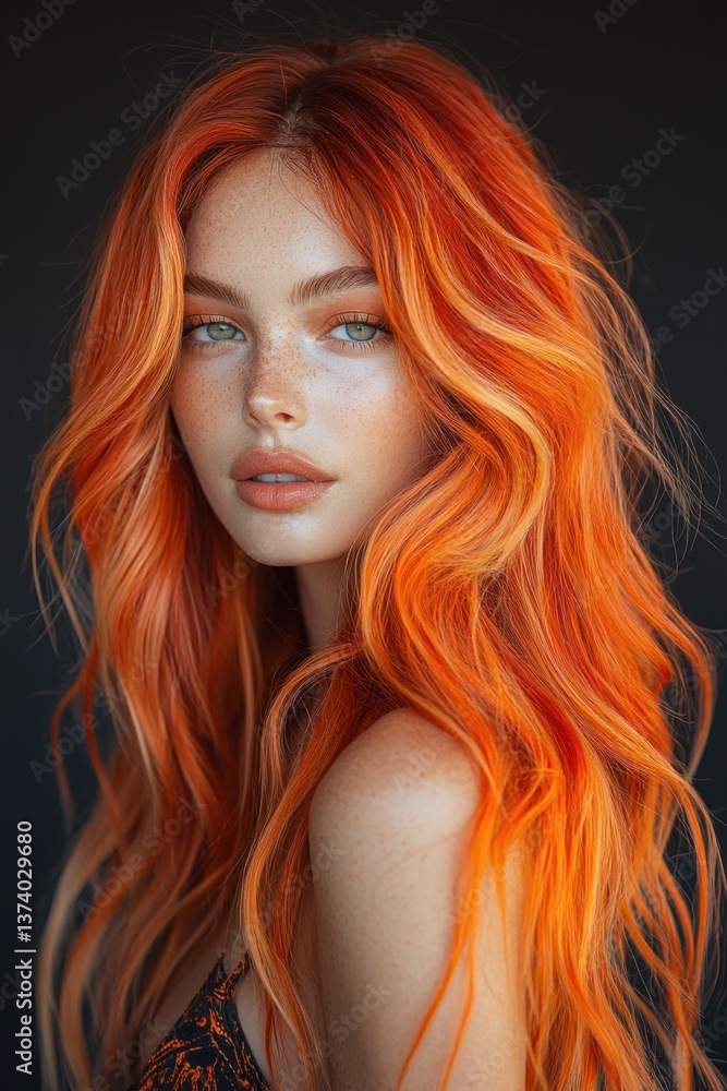 Fototapeta premium Striking portrait of a woman with bold wavy orange hair and freckles, styled in a modern fashion look against a dark background.
