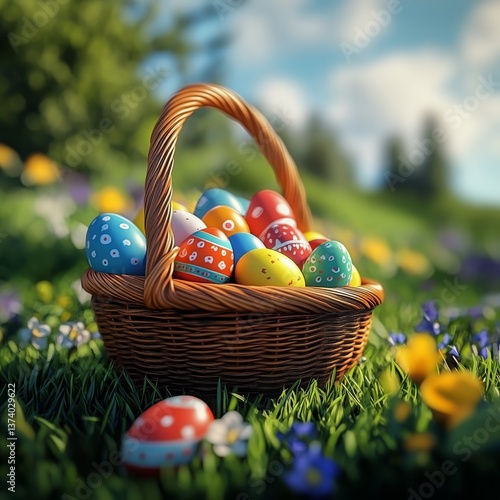 Colorful Easter Eggs in a Woven Basket Resting on Lush Green Grass Under a Br...