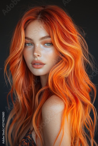 Striking portrait of a woman with bold wavy orange hair and freckles, styled in a modern fashion look against a dark background.