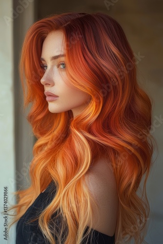 Stunning side profile of a woman with long wavy ombre hair transitioning from deep red to bright orange and golden blonde tones.