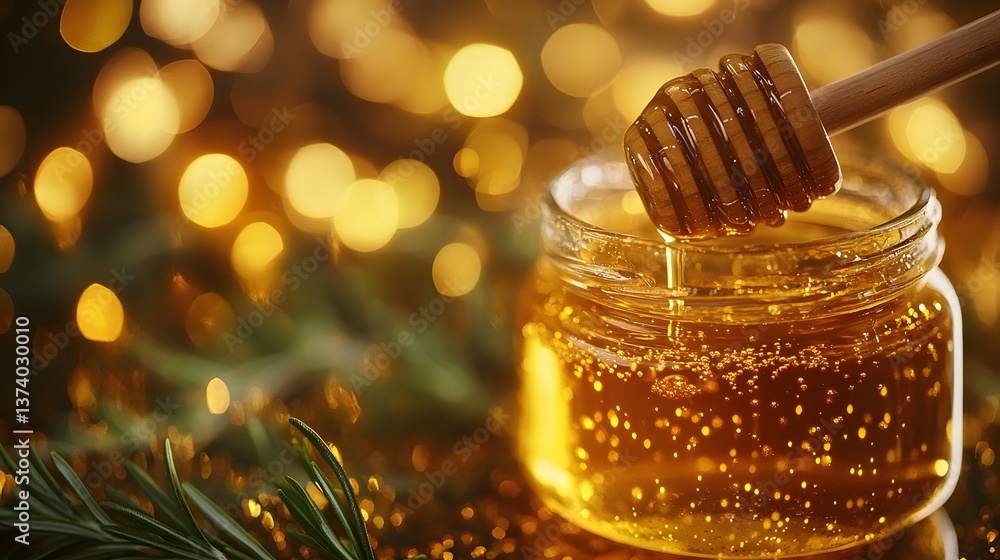 Honey drips from a wooden dipper into a glass jar, glowing golden with rosemary, set against a warm amber bokeh backdrop and reflective surface for a luxurious feel. Honey drips from a wooden dipper into a glass jar, glowing golden with rosemary, set against a warm amber bokeh backdrop and reflective surface for a luxurious feel.