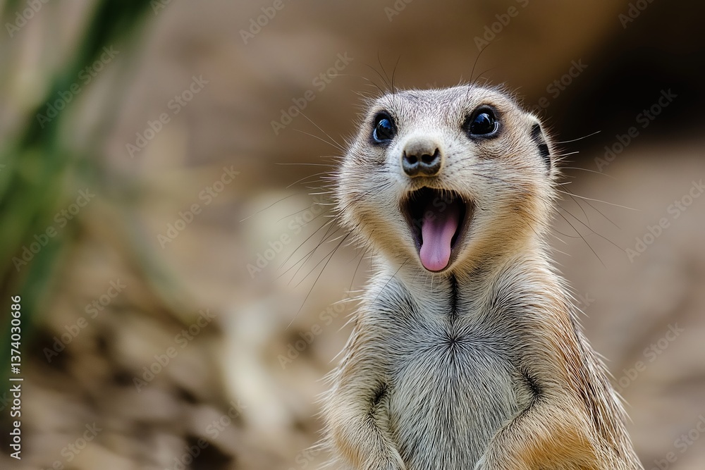 A vibrant meerkat appears joyful with its mouth wide open, showcasing its playful nature in the wild. A vibrant meerkat appears joyful with its mouth wide open, showcasing its playful nature in the wild.