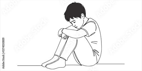 sad boy sitting on floor continuous single line art drawing sketch on white background