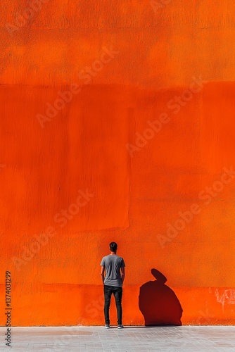 Wallpaper Mural A man stands in stillness, gazing at an orange wall, symbolizing introspection and vibrant energy. Torontodigital.ca