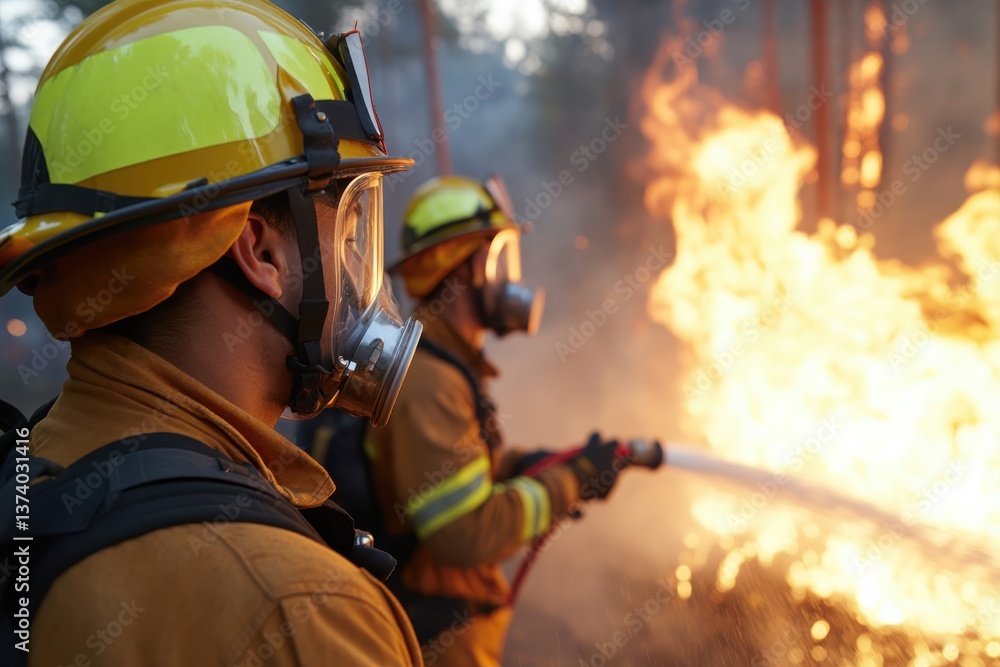 Obraz premium An image depicting brave firefighters confronting a blazing wildfire, equipped with protective gear and focused on extinguishing the flames, showcasing their dedication and teamwork.