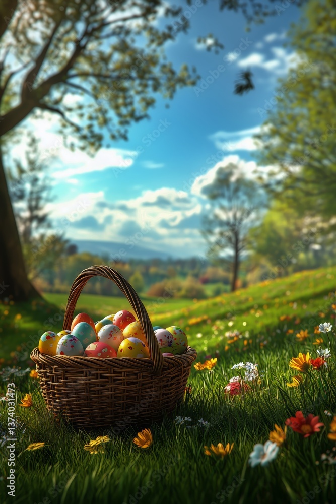 Colorful Easter Eggs in a Wicker Basket Surrounded by Fresh Spring Grass and Flowers Colorful Easter Eggs in a Wicker Basket Surrounded by Fresh Spring Grass and Flowers