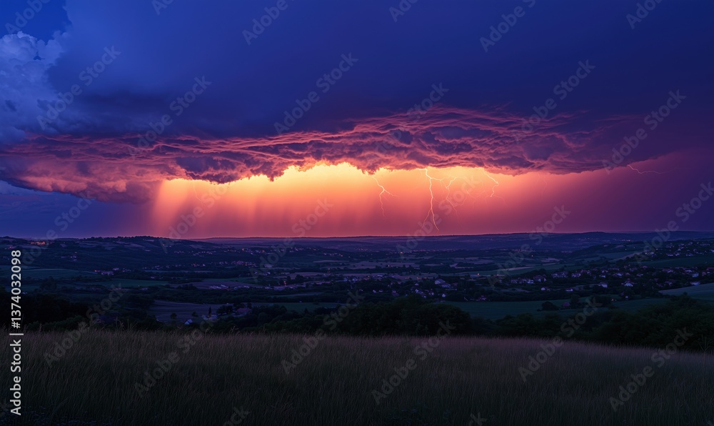 Dramatic sunset storm with lightning illuminating dark clouds over countryside landscape Dramatic sunset storm with lightning illuminating dark clouds over countryside landscape