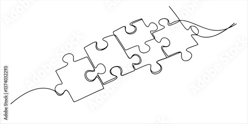 jigsaw puzzle pieces continuous single line art drawing sketch on white background