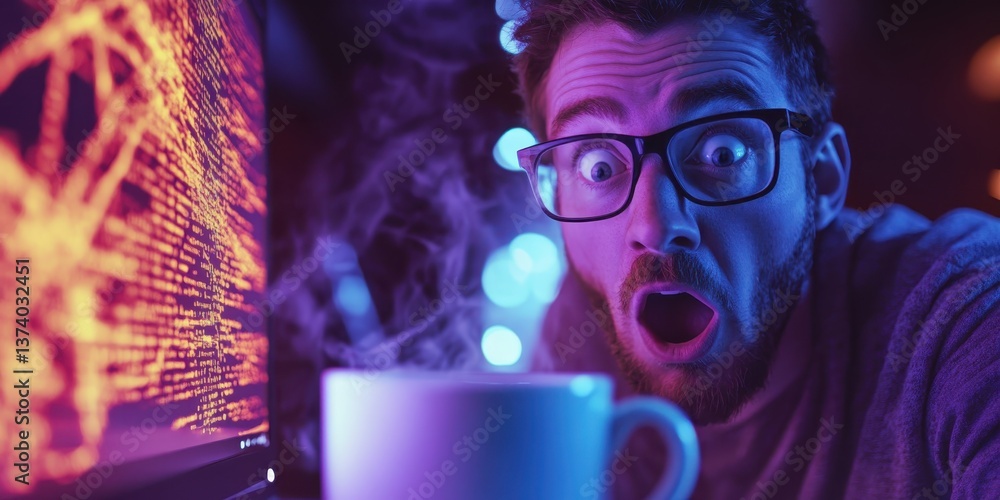 Tech-Savvy Shock: A tech expert stares in surprised at data streams, accompanied by the inviting steam from a warm mug. Capturing a sense of awe and alertness.