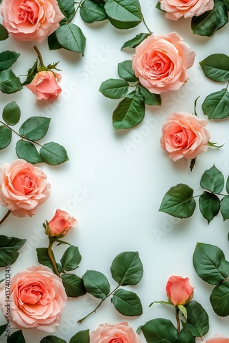 Beautiful Arrangement of Pink Roses With Green Leaves on a Light Background
