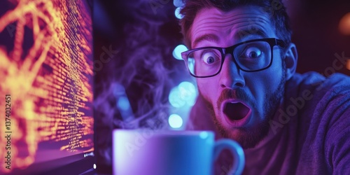 Obraz na płótnie Tech-Savvy Shock: A tech expert stares in surprised at data streams, accompanied by the inviting steam from a warm mug. Capturing a sense of awe and alertness. w salonie