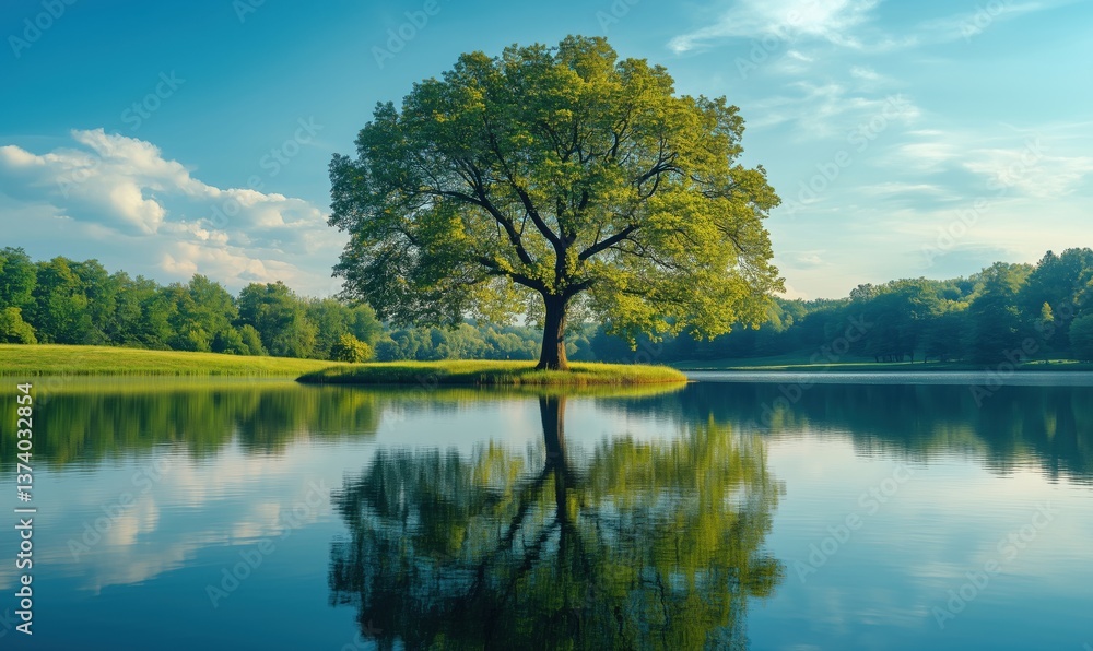 Fototapeta premium Majestic tree reflecting in calm lake surrounded by lush greenery and blue sky
