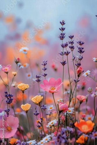 Colorful Wildflowers Blooming in a Soft Sunset Glow in a Serene Meadow